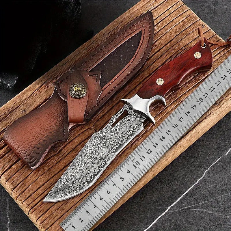 1pc Hand-Forged Damascus Fixed Blade Knife with Wooden Handle and Leather Sheath for Easy Portability and Fast Cutting