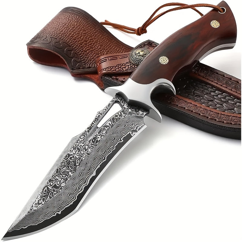 1pc Hand-Forged Damascus Fixed Blade Knife with Wooden Handle and Leather Sheath for Easy Portability and Fast Cutting
