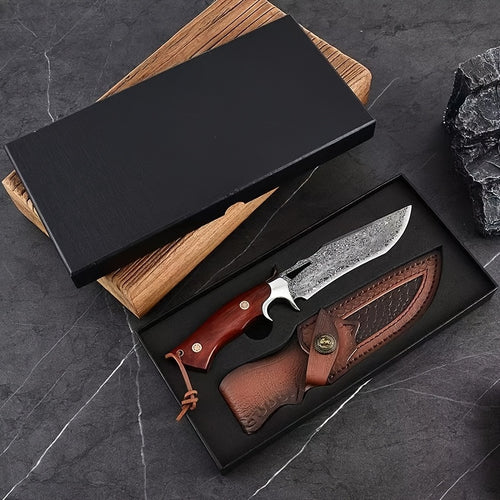 1pc Hand-Forged Damascus Fixed Blade Knife with Wooden Handle and Leather Sheath for Easy Portability and Fast Cutting