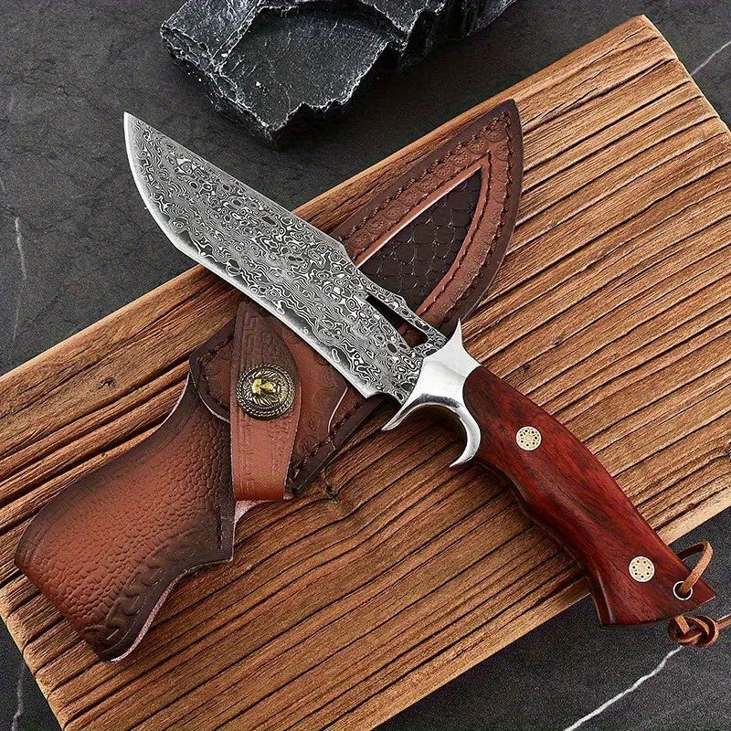 1pc Hand-Forged Damascus Fixed Blade Knife with Wooden Handle and Leather Sheath for Easy Portability and Fast Cutting