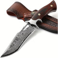 1pc Hand-Forged Damascus Fixed Blade Knife with Wooden Handle and Leather Sheath for Easy Portability and Fast Cutting