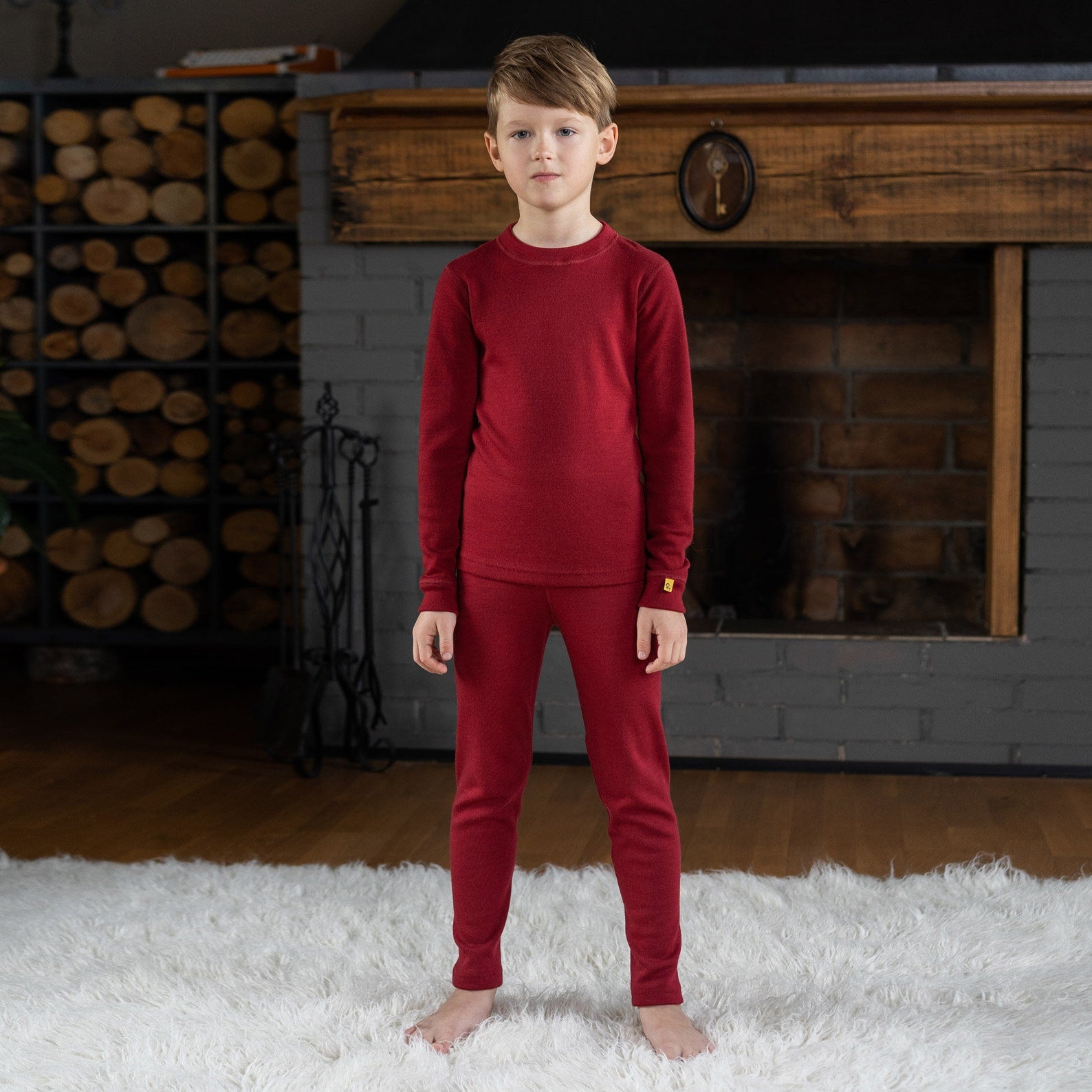 Merino Wool Kids Loungewear Set Matching Merino Set for Girl Boy Unisex Toddler Two Piece Set Natural Clothing 250 gsm Royal Cherry Red