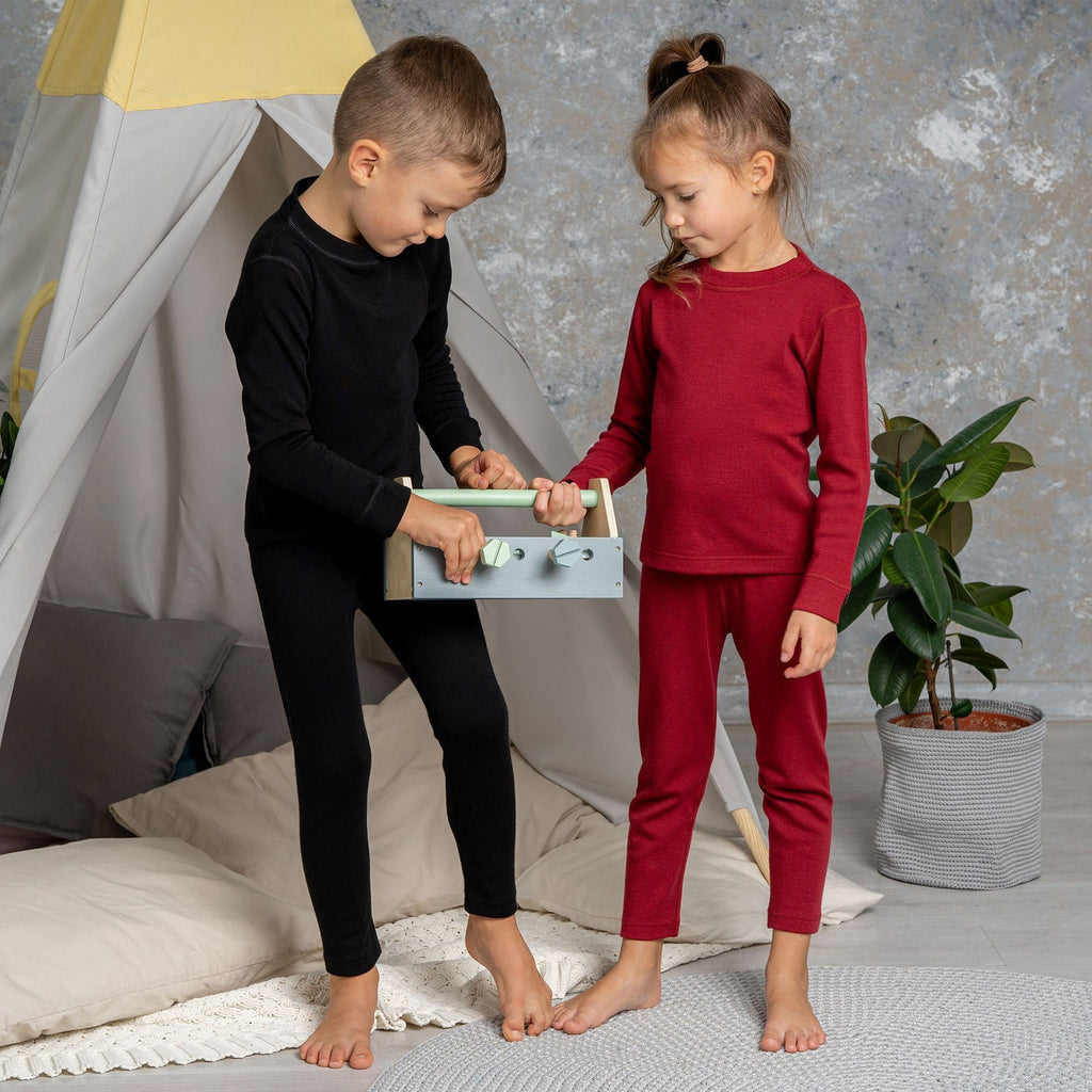 Merino Wool Kids Loungewear Set Matching Merino Set for Girl Boy Unisex Toddler Two Piece Set Natural Clothing 250 gsm Royal Cherry Red