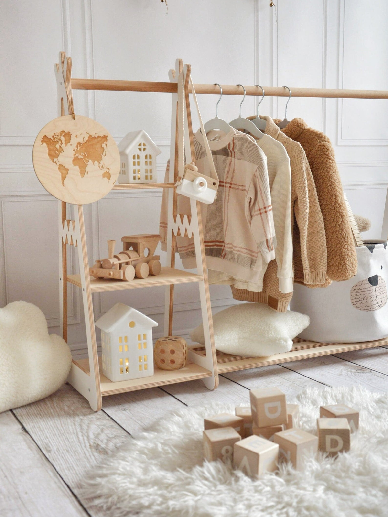 Montessori Wardrobe, Kids Clothing Rack, Wood Clothing Frame Rack Dress Up, Display Kids Wardrobe, Baby Clothes Storage Child Size Furniture
