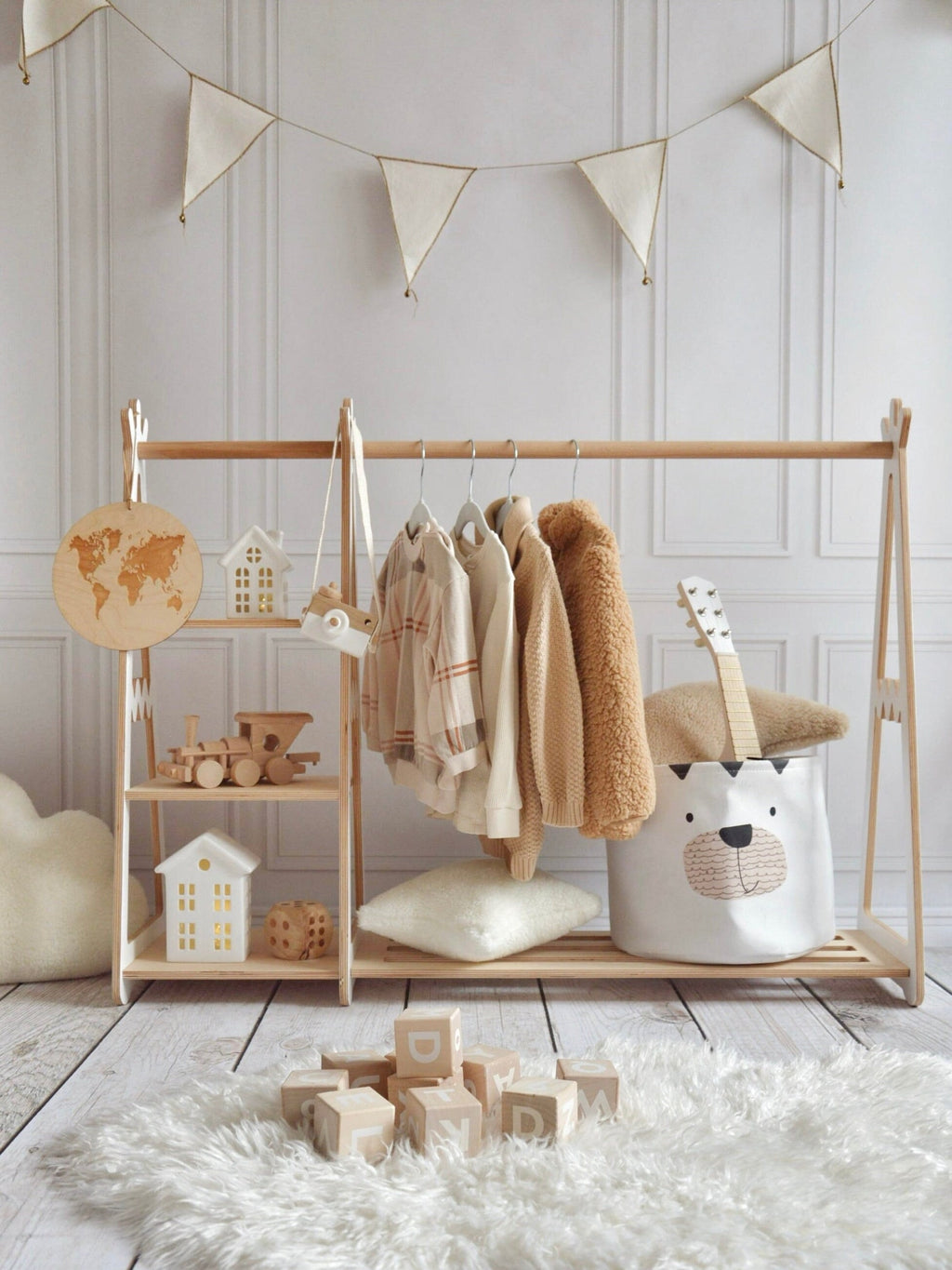 Montessori Wardrobe, Kids Clothing Rack, Wood Clothing Frame Rack Dress Up, Display Kids Wardrobe, Baby Clothes Storage Child Size Furniture