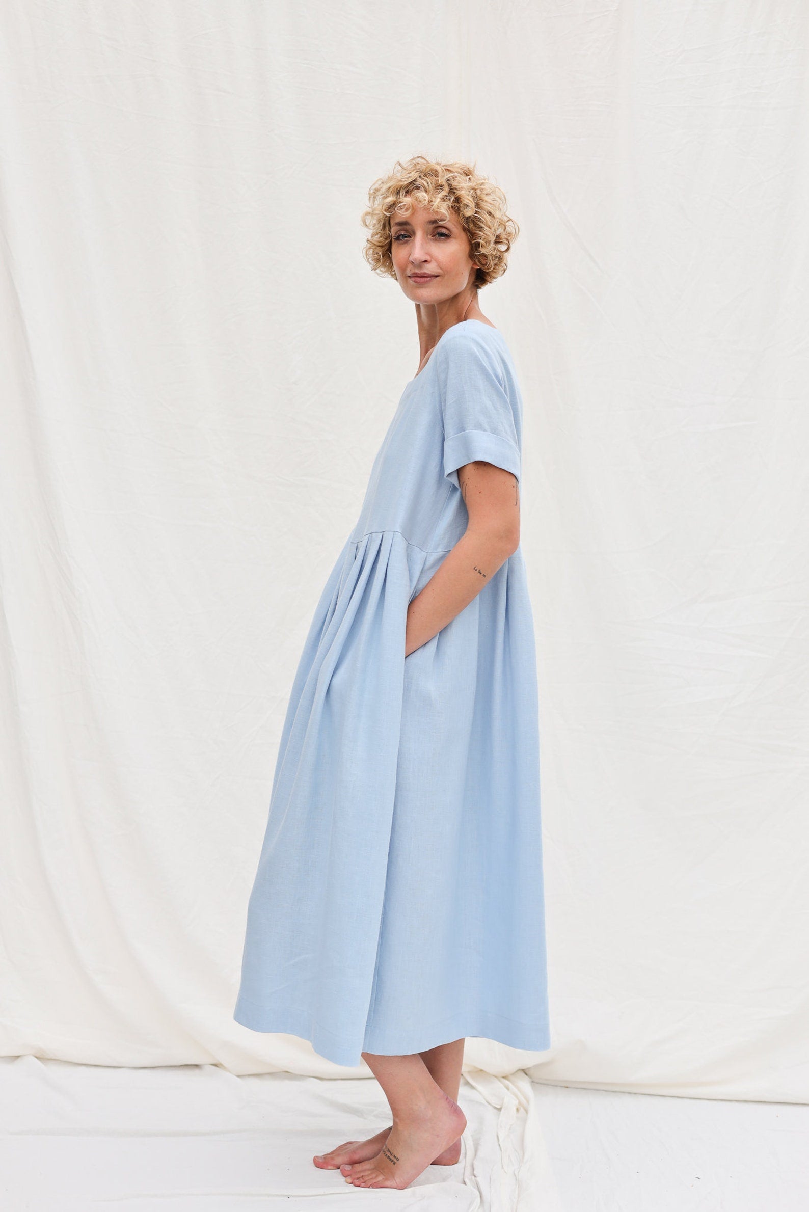 Sky blue linen square neck dress