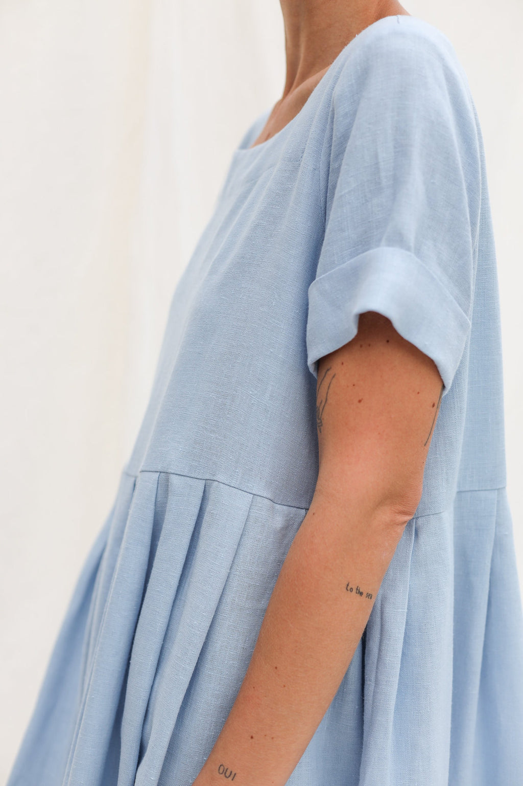 Sky blue linen square neck dress