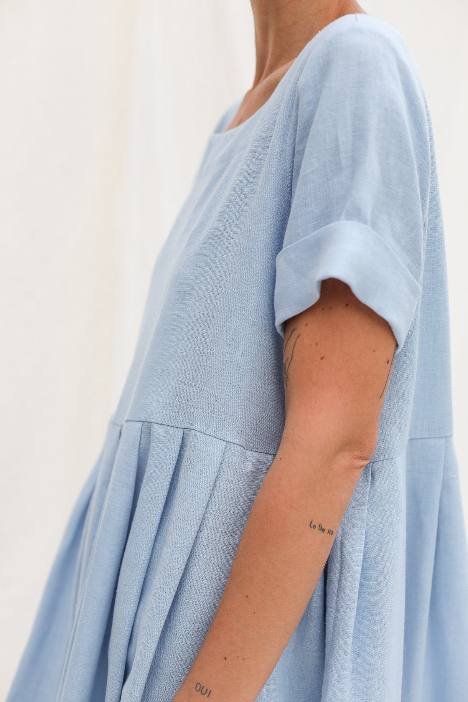 Sky blue linen square neck dress
