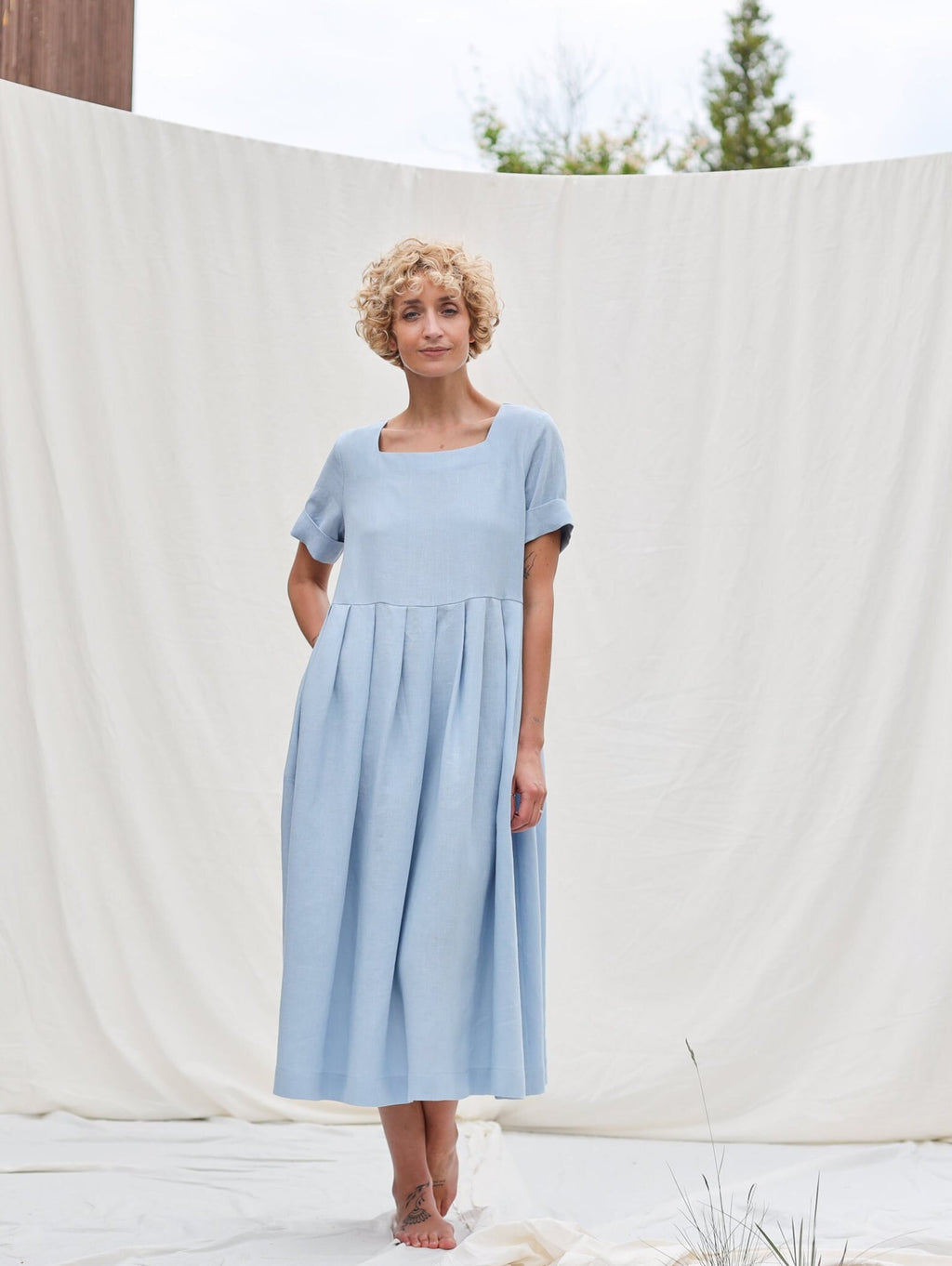 Sky blue linen square neck dress