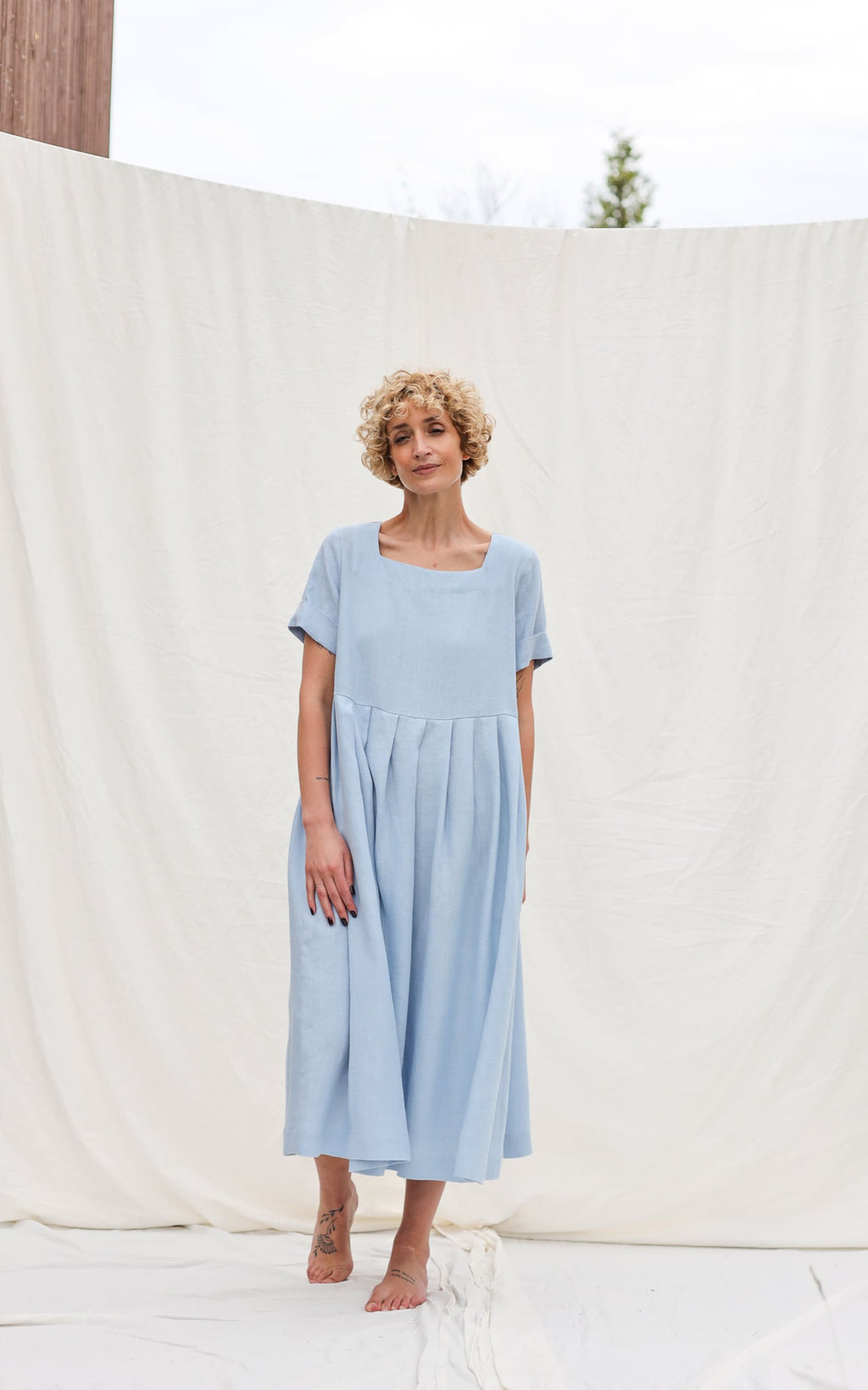Sky blue linen square neck dress