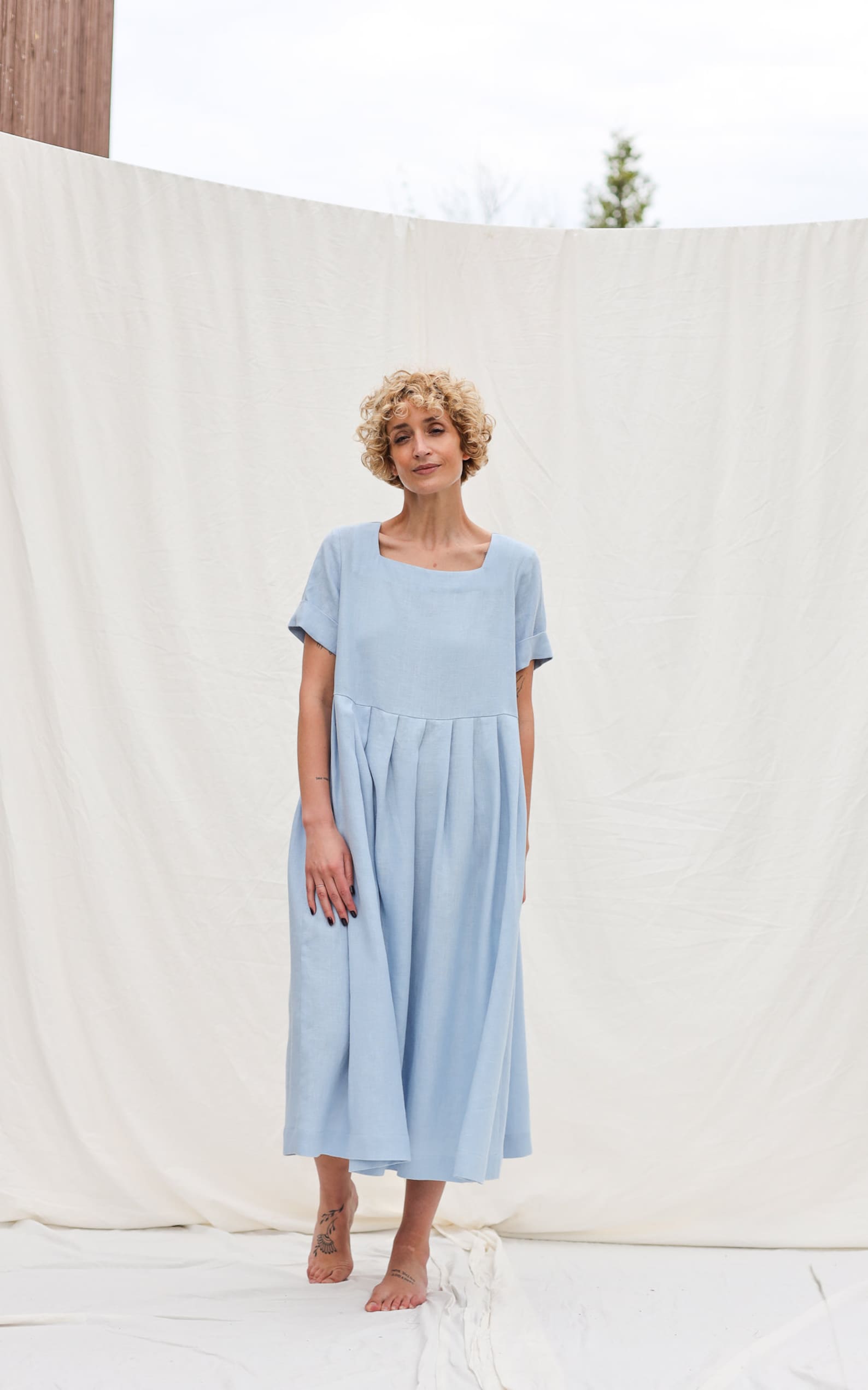 Sky blue linen square neck dress