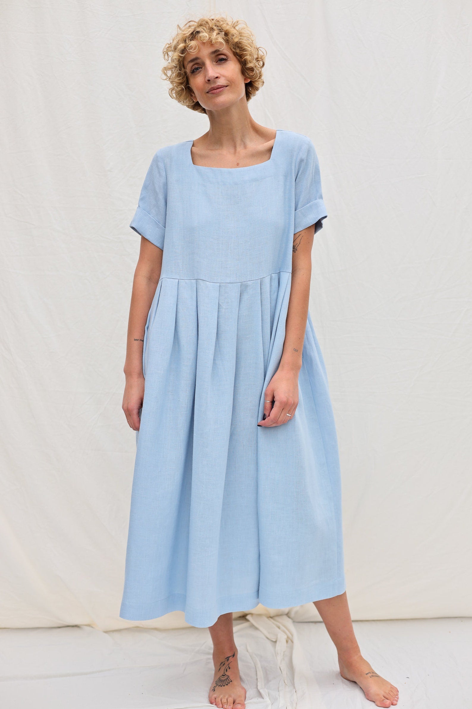 Sky blue linen square neck dress