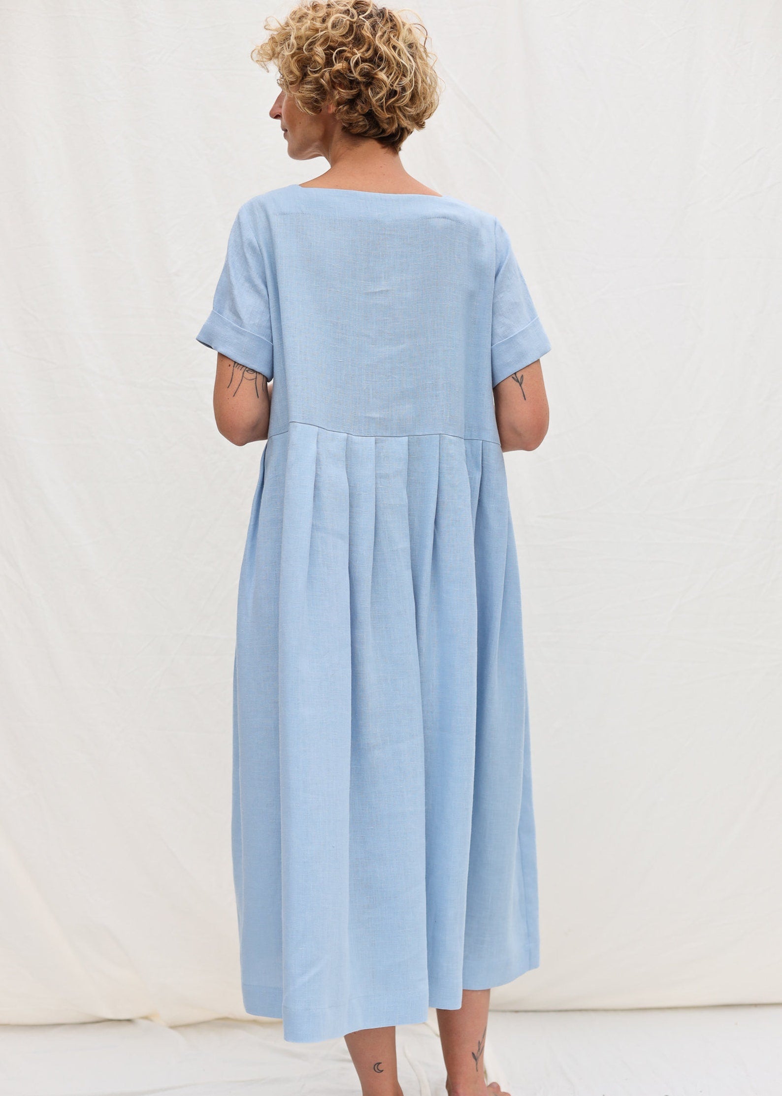 Sky blue linen square neck dress