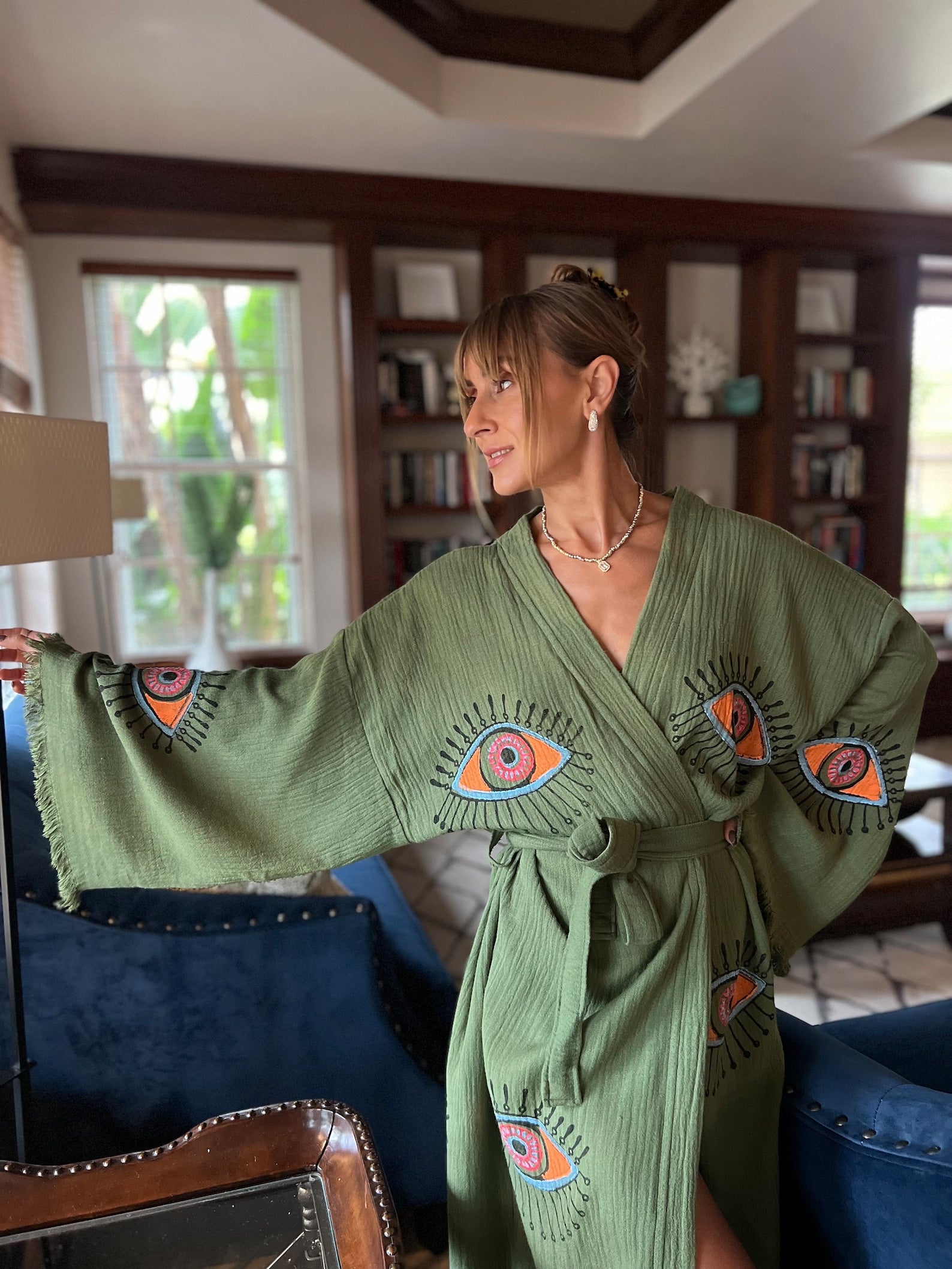 Boho Morning robe, Organic Cotton Spa Robe, Bridal Robe, Evil eye Bathrobe, Bohemian KImono, Music Festival Kimono, Bridesmaid Robe, Gift