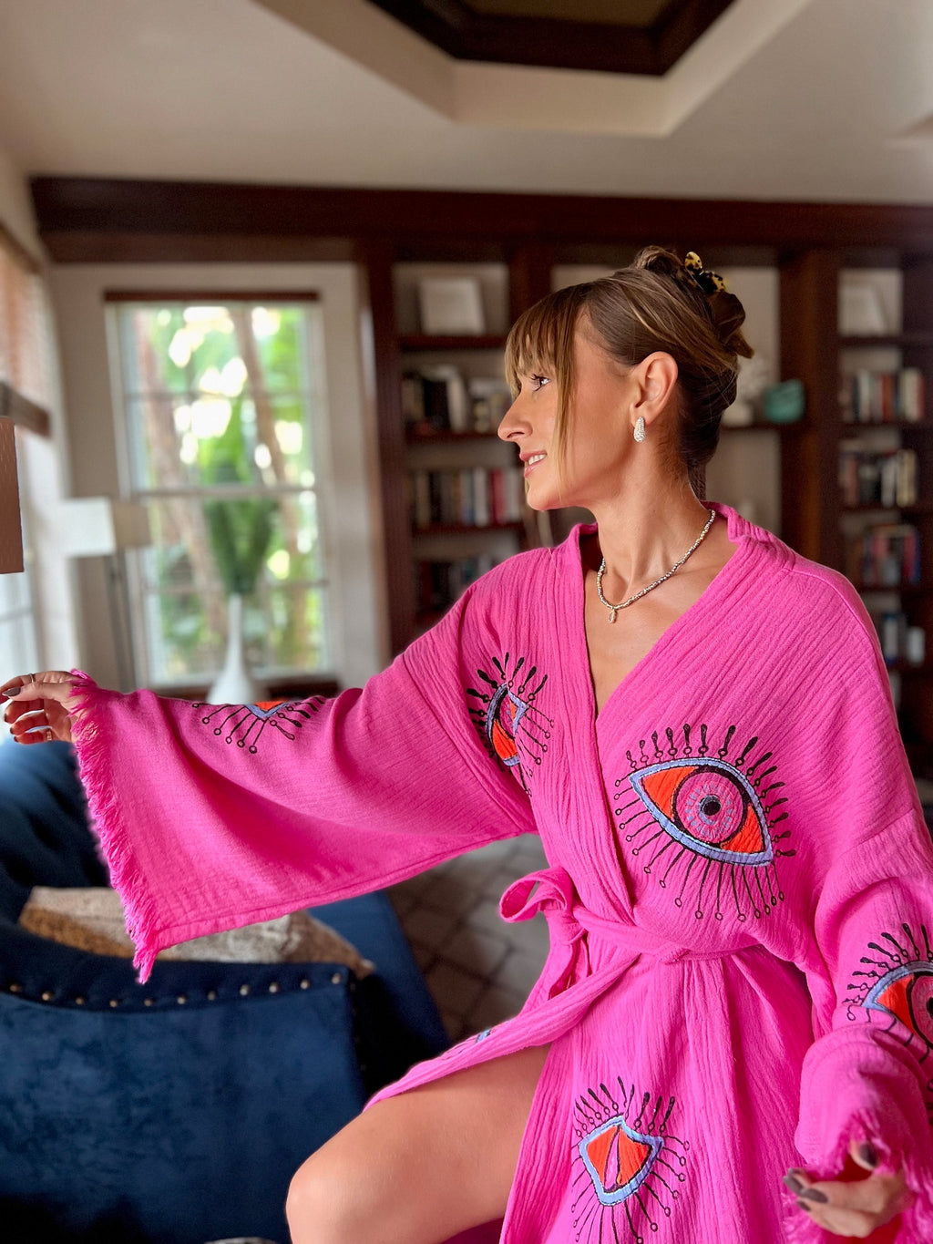 Boho Morning robe, Organic Cotton Spa Robe, Bridal Robe, Evil eye Bathrobe, Bohemian KImono, Music Festival Kimono, Bridesmaid Robe, Gift