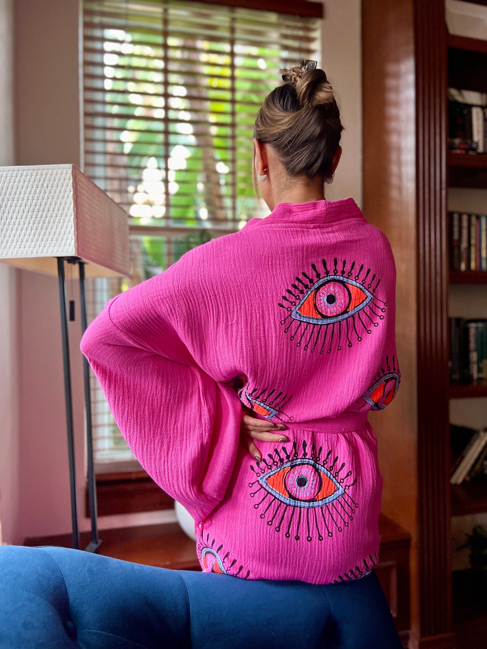 Boho Morning robe, Organic Cotton Spa Robe, Bridal Robe, Evil eye Bathrobe, Bohemian KImono, Music Festival Kimono, Bridesmaid Robe, Gift
