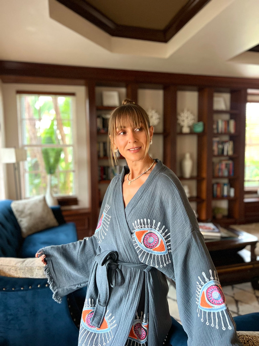 Boho Morning robe, Organic Cotton Spa Robe, Bridal Robe, Evil eye Bathrobe, Bohemian KImono, Music Festival Kimono, Bridesmaid Robe, Gift