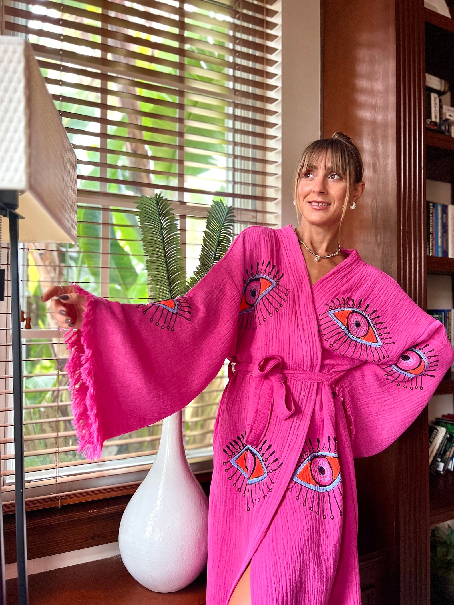 Boho Morning robe, Organic Cotton Spa Robe, Bridal Robe, Evil eye Bathrobe, Bohemian KImono, Music Festival Kimono, Bridesmaid Robe, Gift