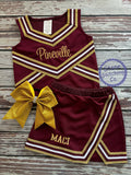 maroon & gold cheer uniform, customized cheerleading uniform, girls cheer uniform, maroon and white cheer uniform, toddler cheer uniform