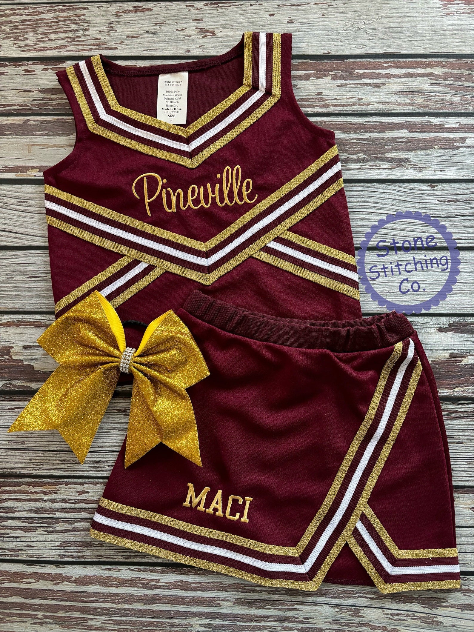 maroon & gold cheer uniform, customized cheerleading uniform, girls cheer uniform, maroon and white cheer uniform, toddler cheer uniform