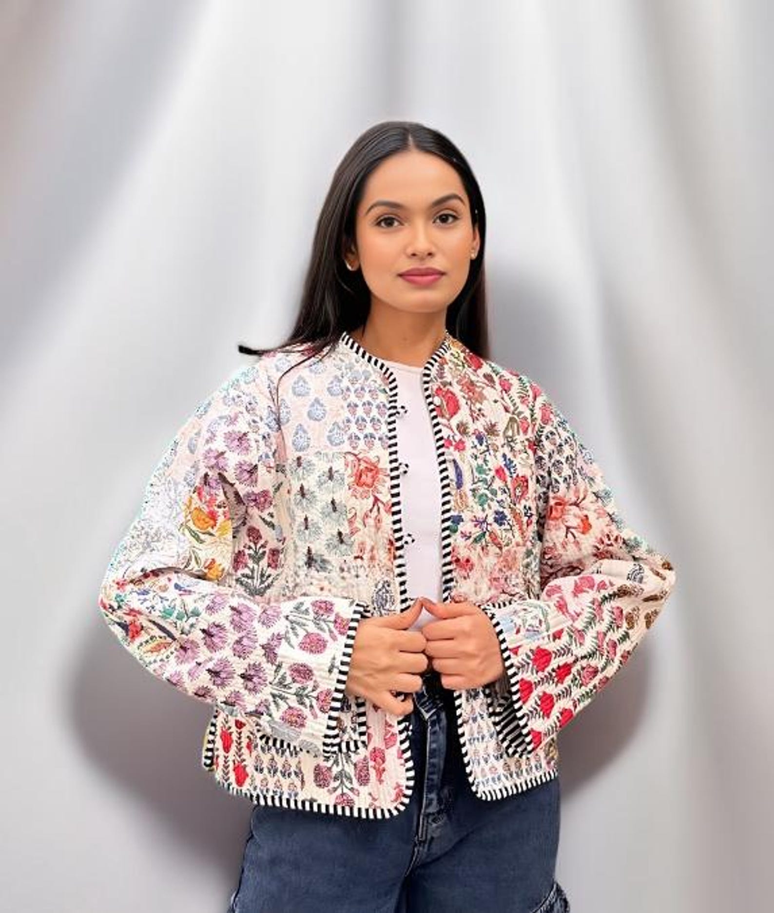 Floral Quilted Jackets Cotton green Bohemian Style Fall Winter Jacket Coat vintage Boho wedding Reversible kantha Jacket for Women patchwork