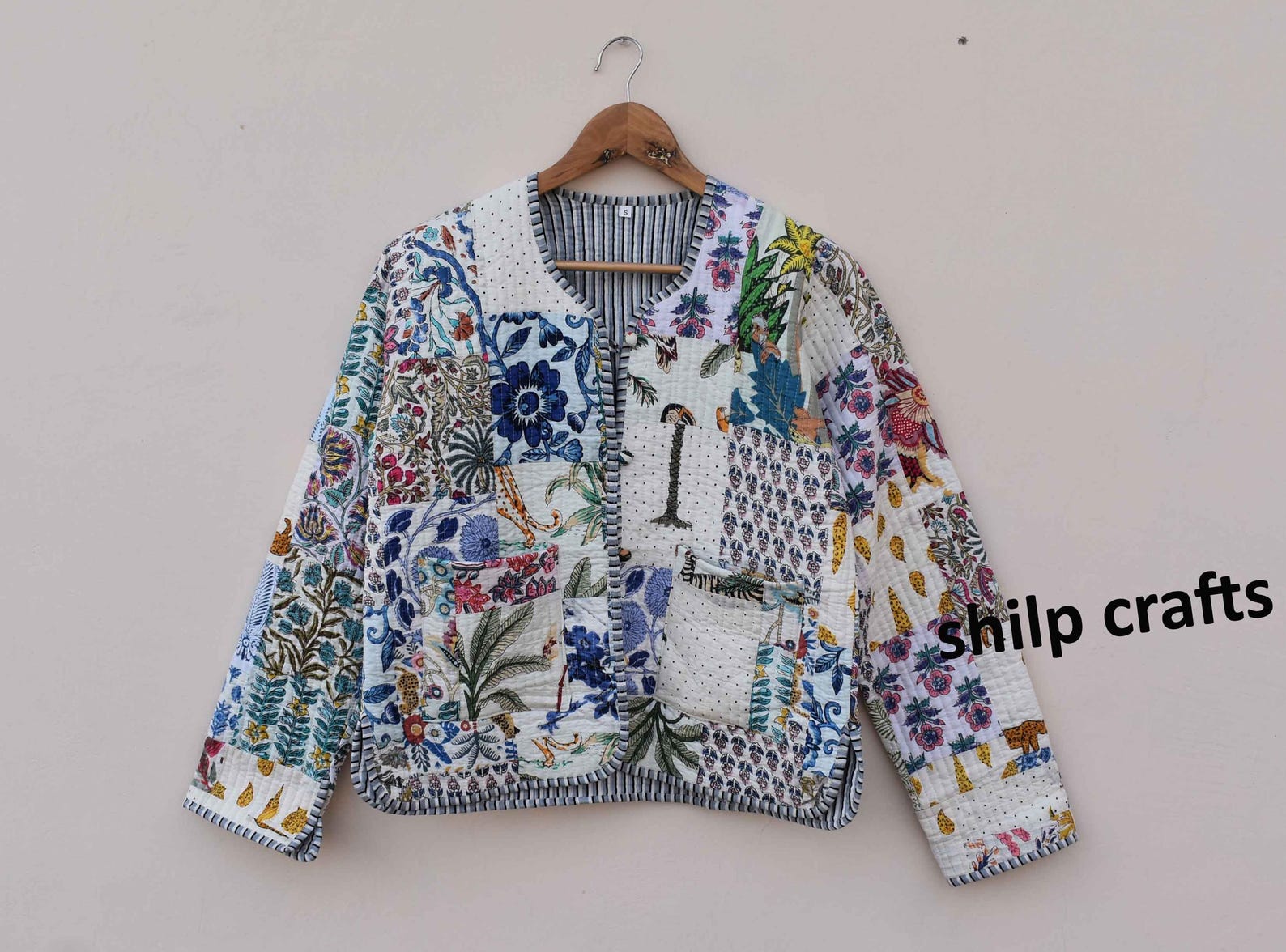 Floral Quilted Jackets Cotton green Bohemian Style Fall Winter Jacket Coat vintage Boho wedding Reversible kantha Jacket for Women patchwork