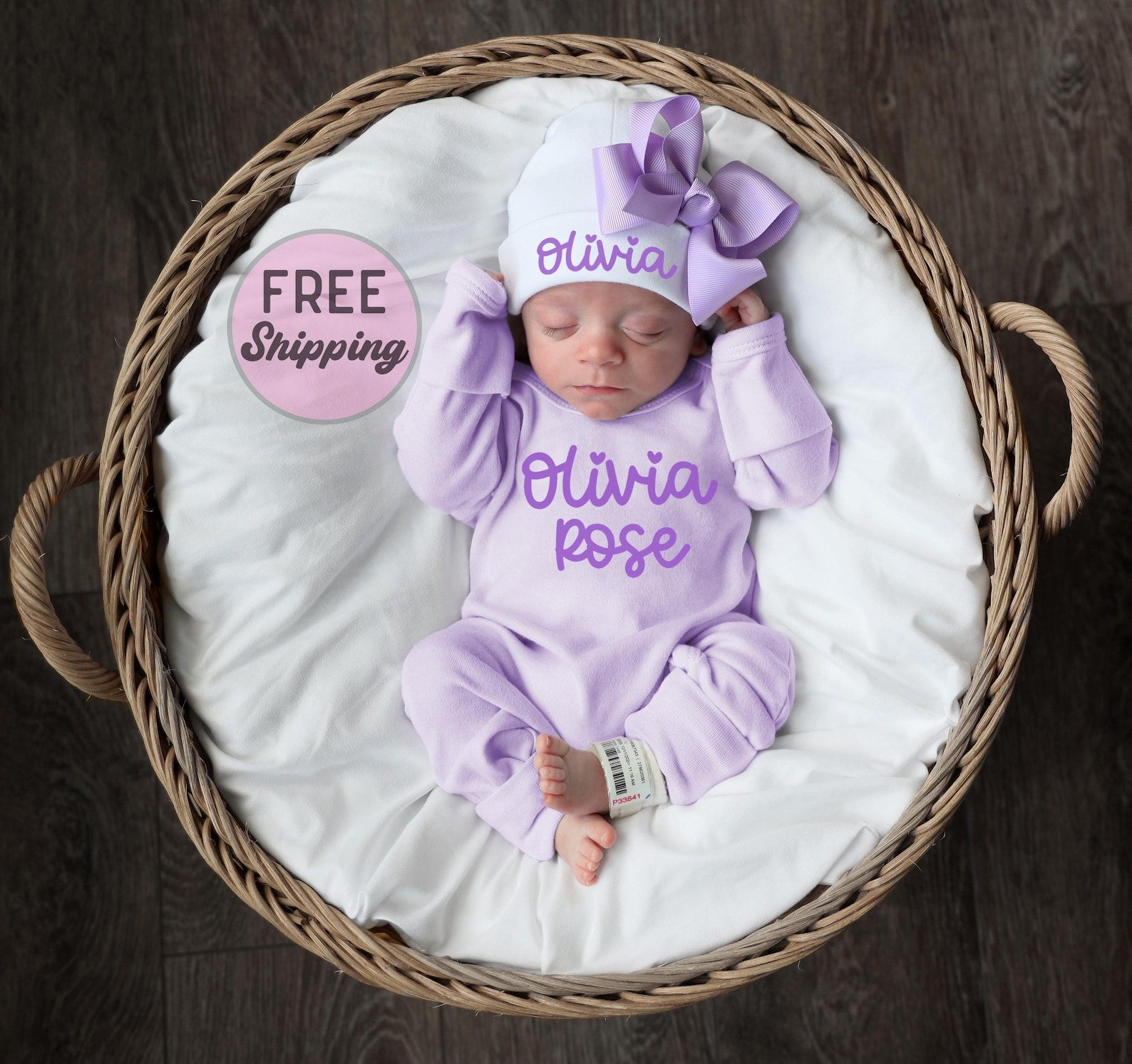 Newborn Girl Coming Home Outfit, Personalized Romper and Pink Bow