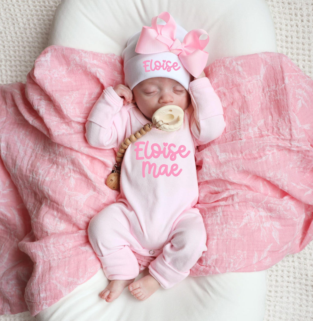 Newborn Girl Coming Home Outfit, Personalized Romper and Pink Bow