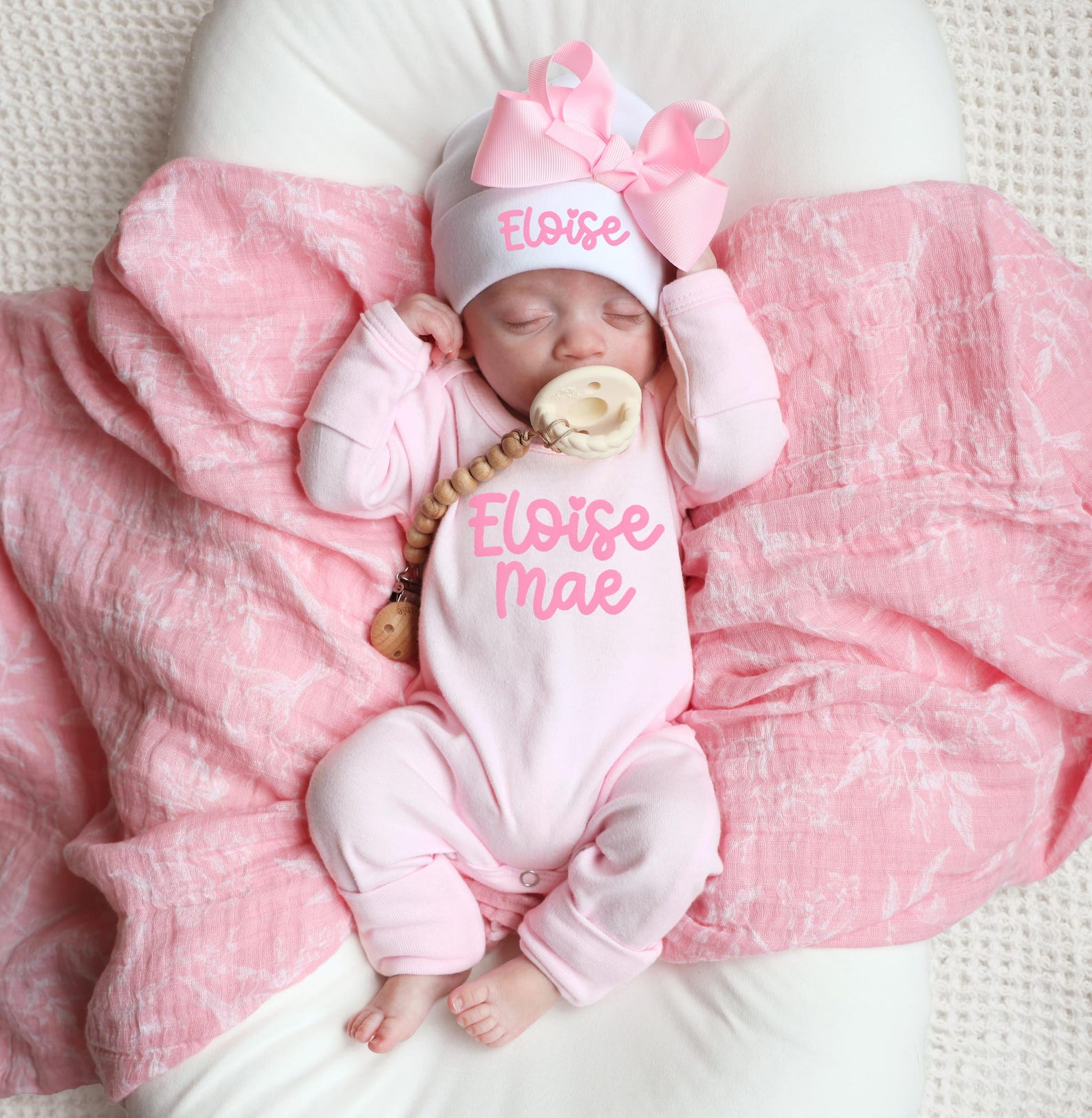 Newborn Girl Coming Home Outfit, Personalized Romper and Pink Bow