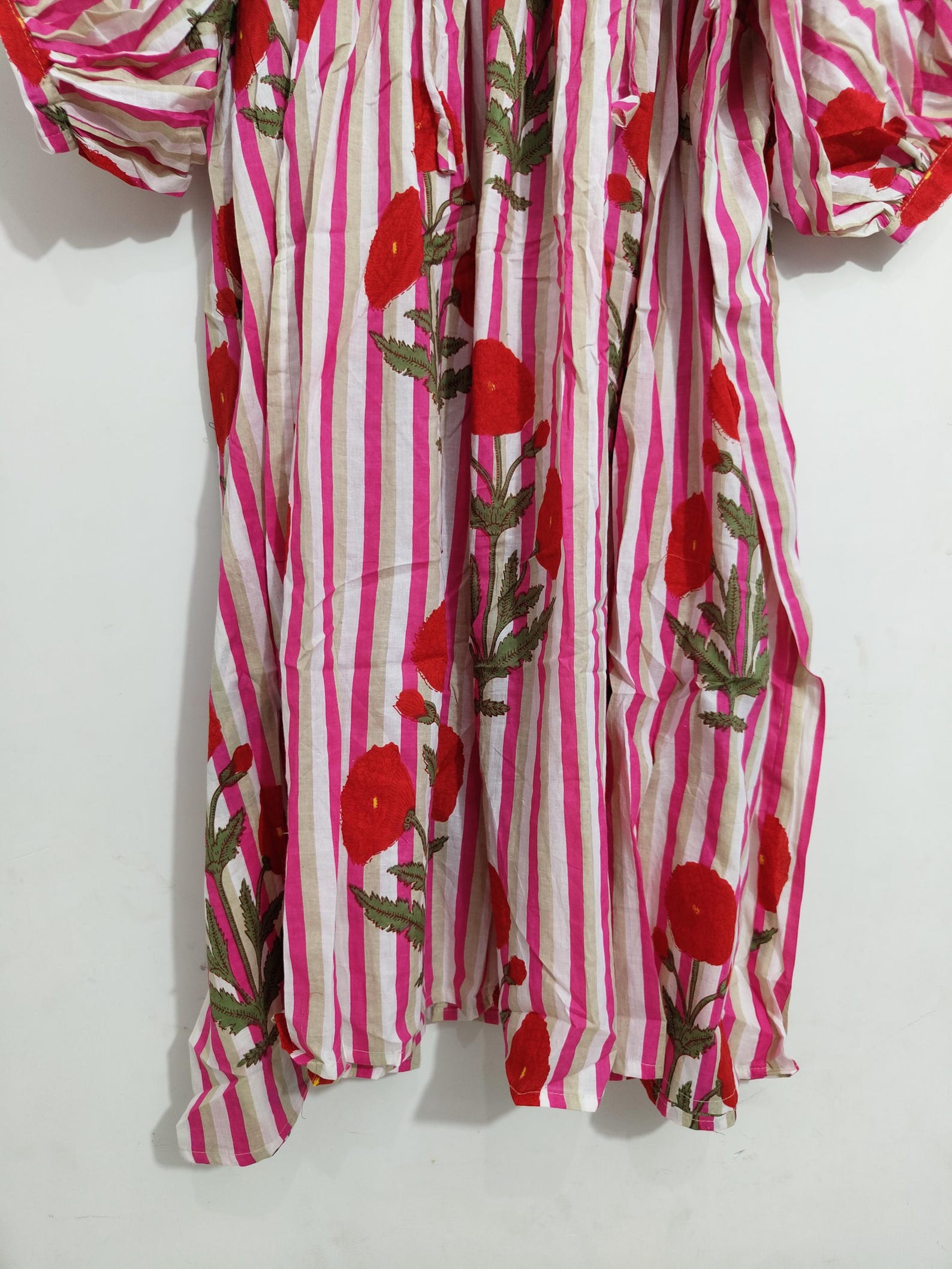 Embroidered Floral Cotton Midi Dress: Pink Striped Boho Summer Dress