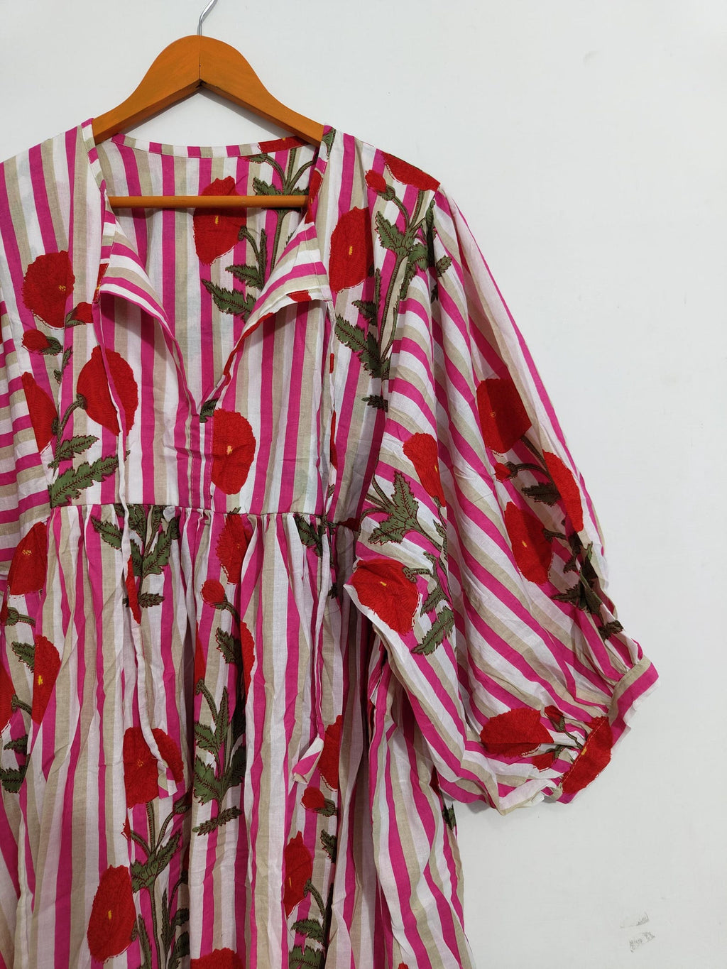 Embroidered Floral Cotton Midi Dress: Pink Striped Boho Summer Dress
