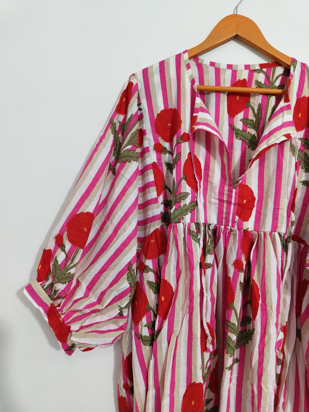 Embroidered Floral Cotton Midi Dress: Pink Striped Boho Summer Dress