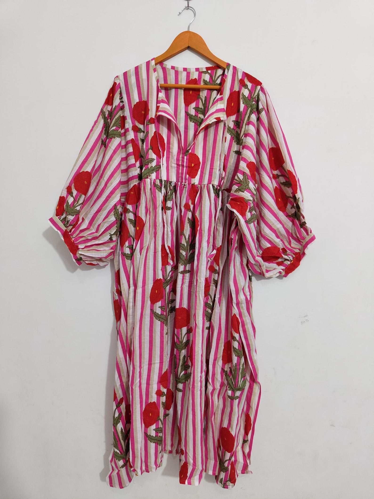 Embroidered Floral Cotton Midi Dress: Pink Striped Boho Summer Dress