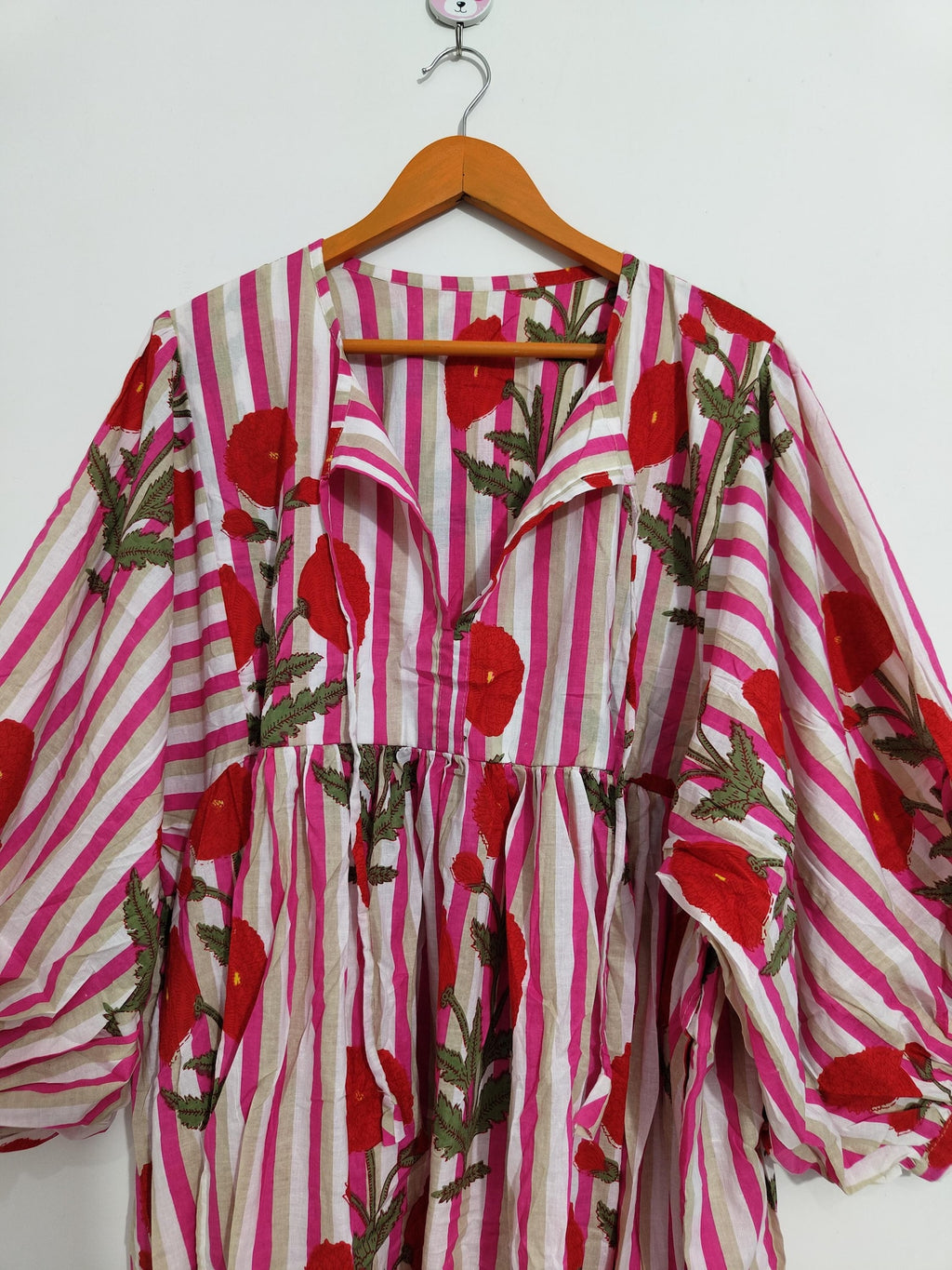 Embroidered Floral Cotton Midi Dress: Pink Striped Boho Summer Dress
