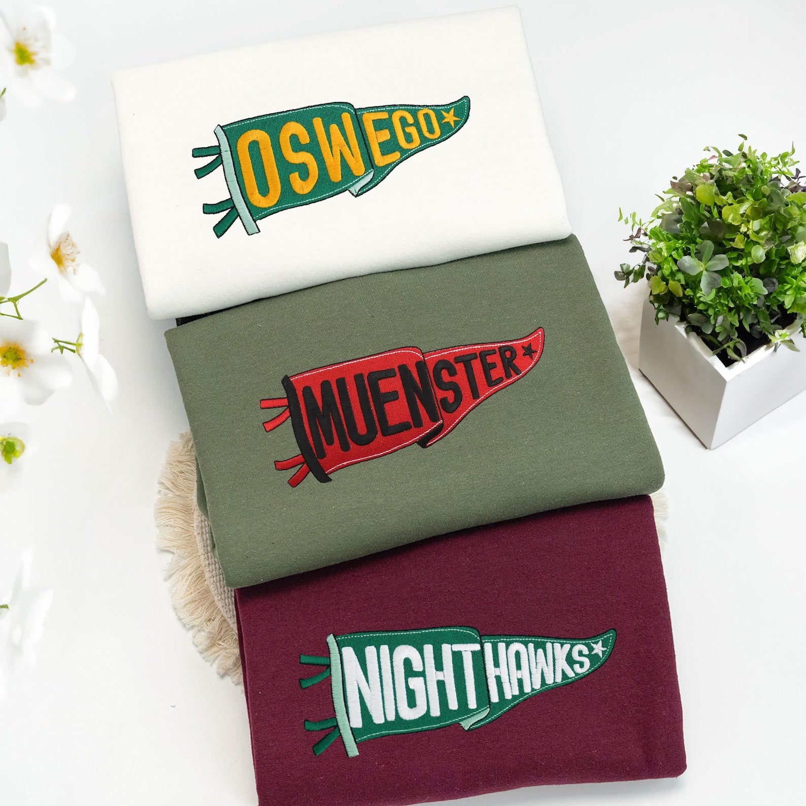 Custom Embroidered College Pennant Sweatshirt - Personalized Team Apparel - Senior Class Gift - University High School Flag Name Sweater