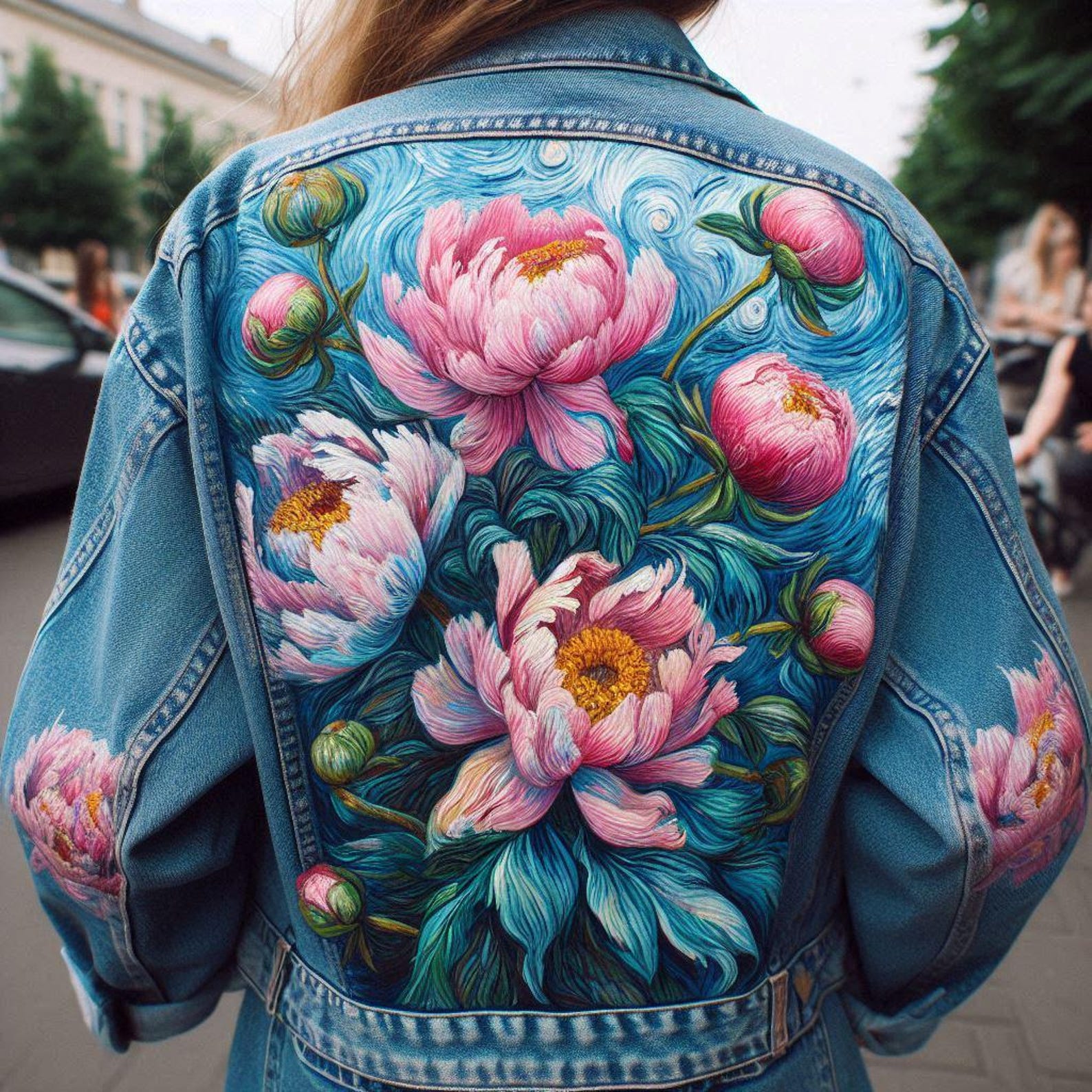 Hand-Painted Denim Jacket with Peonies: Custom Floral Jean Jacket, Unique Artistic Painted Clothing