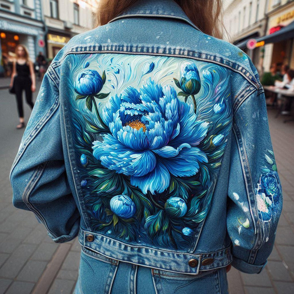 Hand-Painted Denim Jacket with Peonies: Custom Floral Jean Jacket, Unique Artistic Painted Clothing