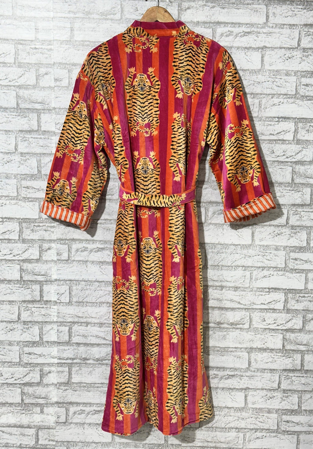 Velvet Tiger Print Kimono Robe: Handmade Velvet Cotton Blend Nightwear