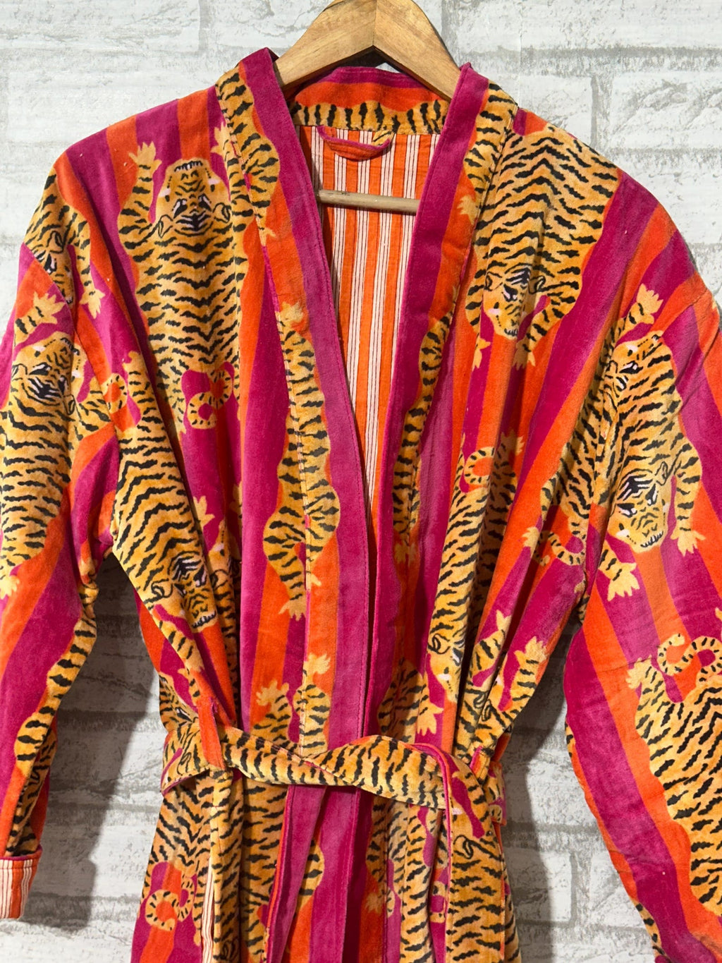 Velvet Tiger Print Kimono Robe: Handmade Velvet Cotton Blend Nightwear