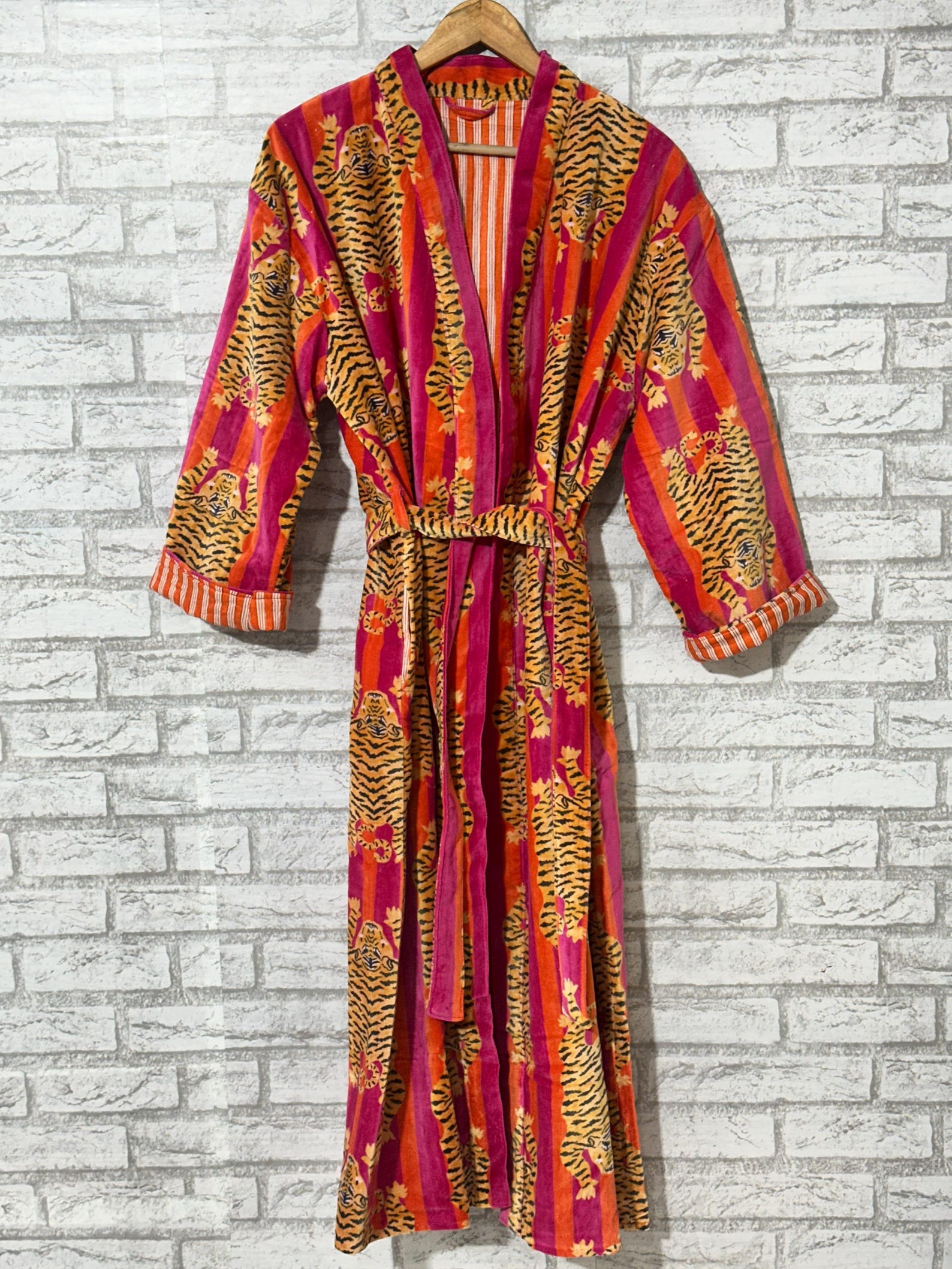 Velvet Tiger Print Kimono Robe: Handmade Velvet Cotton Blend Nightwear