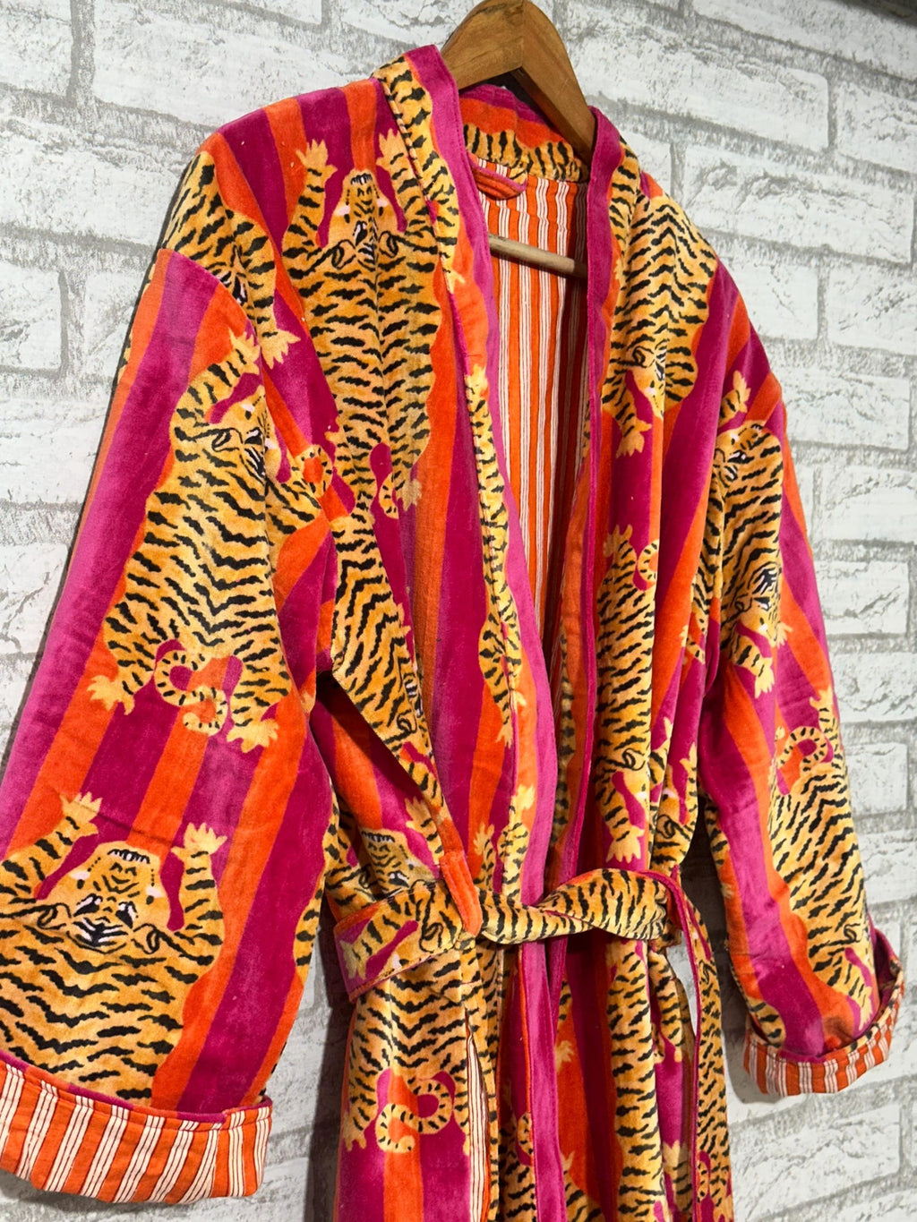 Velvet Tiger Print Kimono Robe: Handmade Velvet Cotton Blend Nightwear