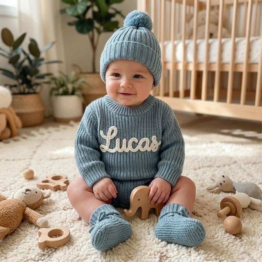 Hand Embroidered Name Baby Romper Set,Personalized Outfit, Baby Boy Romper, Coming Home, Organic Cotton Knit,Gender Neutral