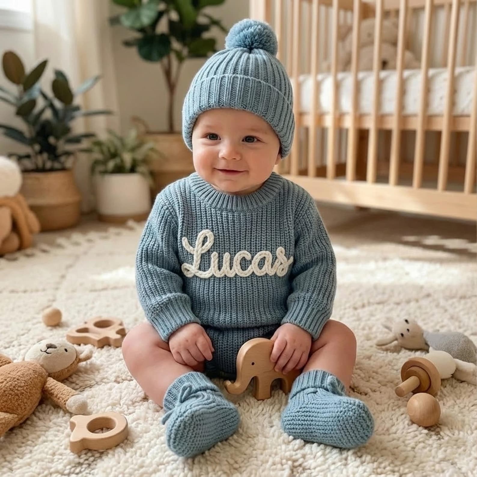 Hand Embroidered Name Baby Romper Set,Personalized Outfit, Baby Boy Romper, Coming Home, Organic Cotton Knit,Gender Neutral