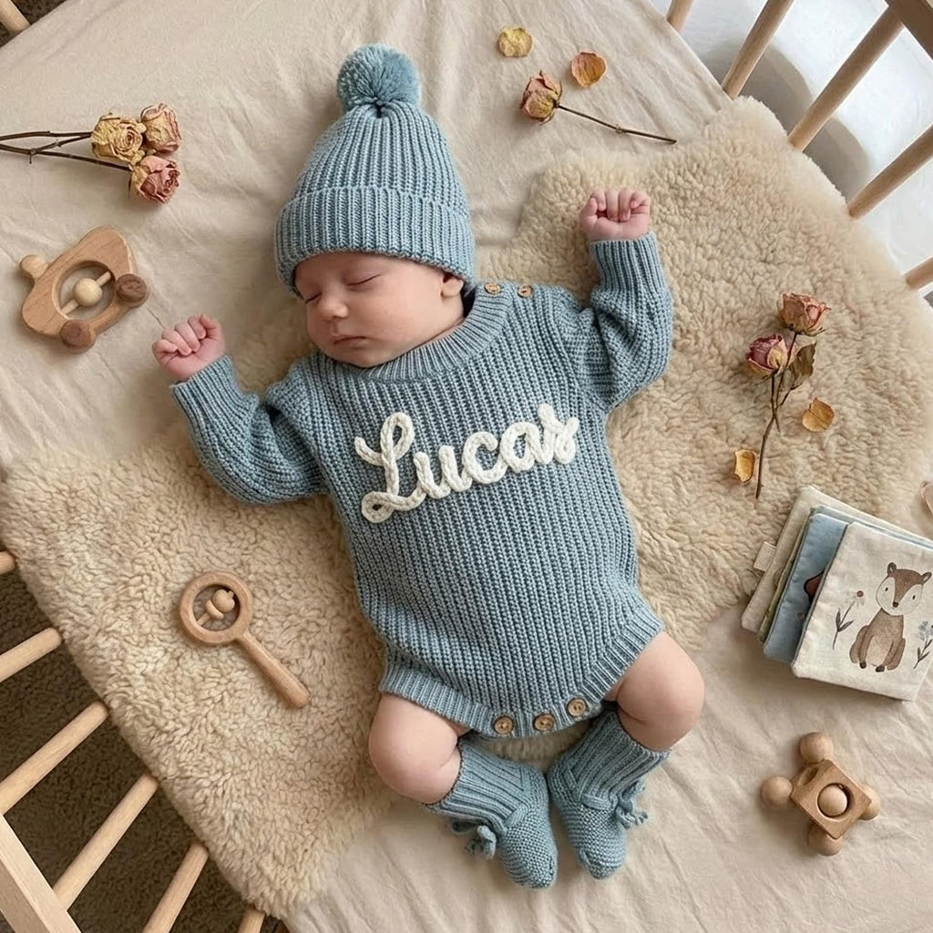 Hand Embroidered Name Baby Romper Set,Personalized Outfit, Baby Boy Romper, Coming Home, Organic Cotton Knit,Gender Neutral