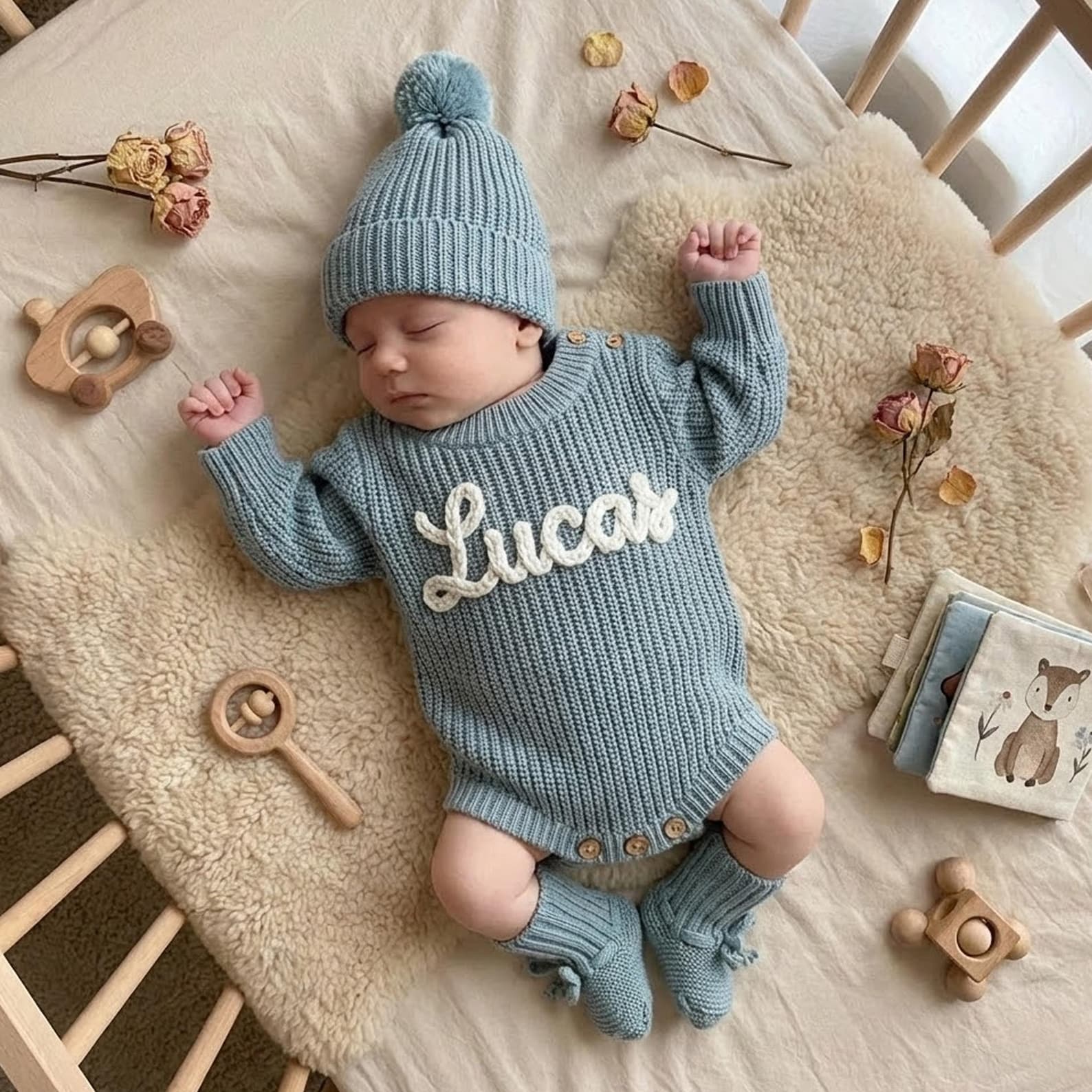 Hand Embroidered Name Baby Romper Set,Personalized Outfit, Baby Boy Romper, Coming Home, Organic Cotton Knit,Gender Neutral