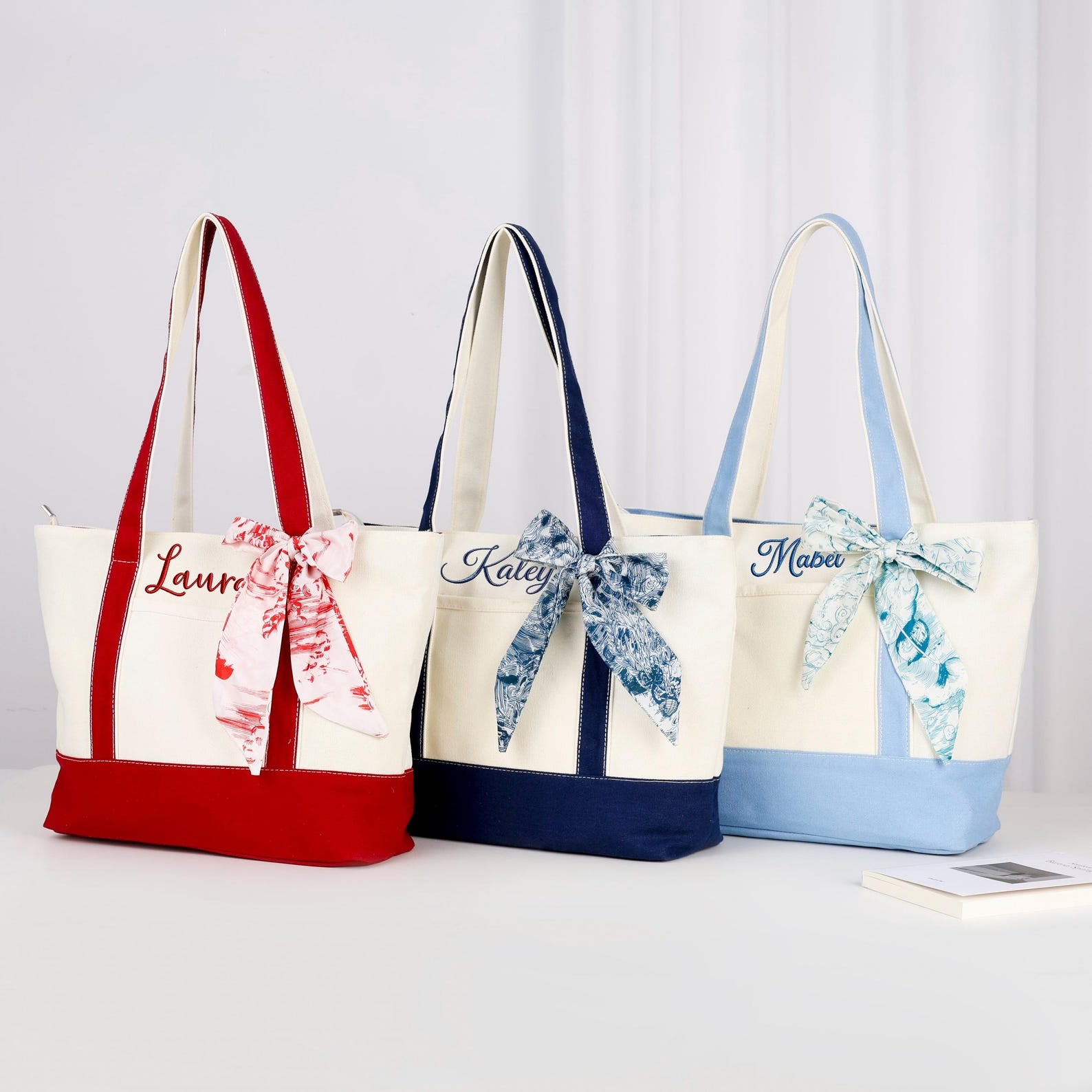 Personalized Tote Bag with Zipper/  Personalized Canvas Tote Bag/ Wedding Gift Bag/ Bridesmaid Gift/ Canvas Tote Bag/ Beach Bag with Ribbon