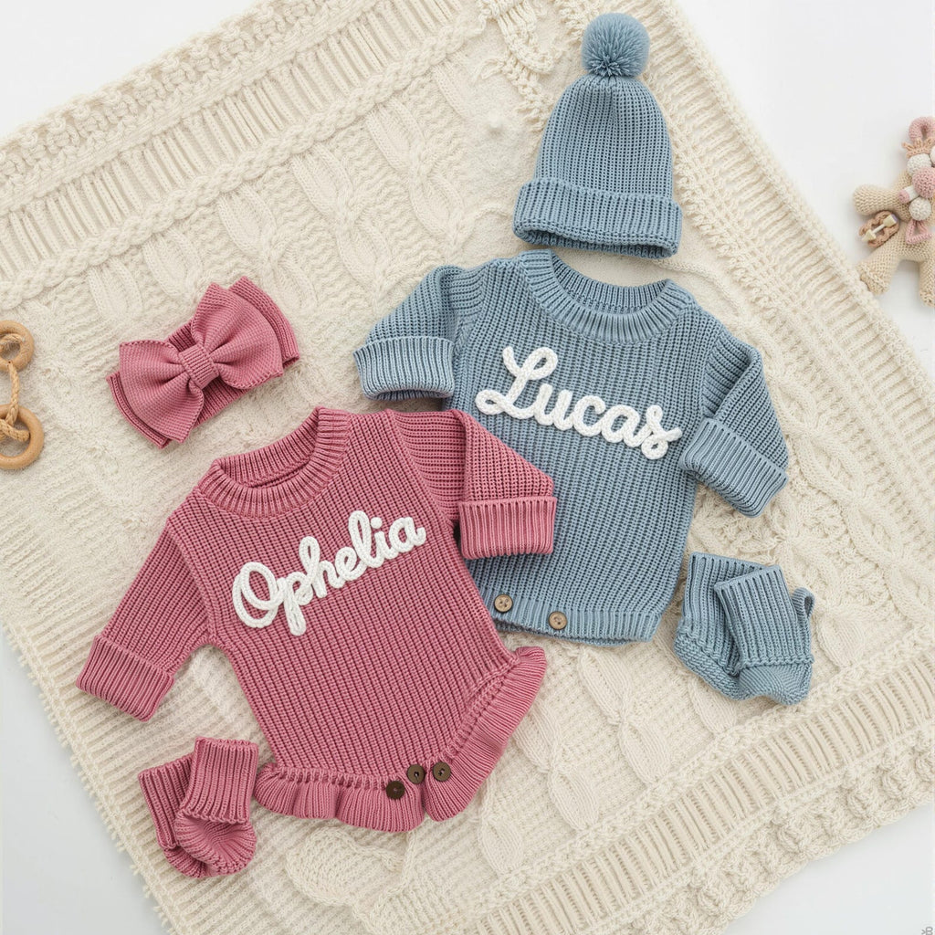 Hand Embroidered Name Baby Romper Set,Personalized Outfit, Baby Boy Romper, Coming Home, Organic Cotton Knit,Gender Neutral