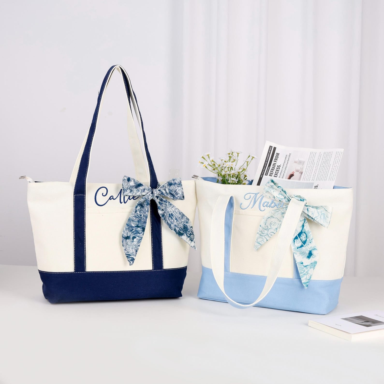 Personalized Tote Bag with Zipper/  Personalized Canvas Tote Bag/ Wedding Gift Bag/ Bridesmaid Gift/ Canvas Tote Bag/ Beach Bag with Ribbon