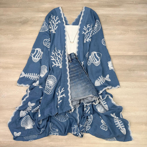 Boho Seashell Kimono Beach Cover Up – Embroidered Summer Cardigan, Resort Wear, Tropical Vacation Outfit