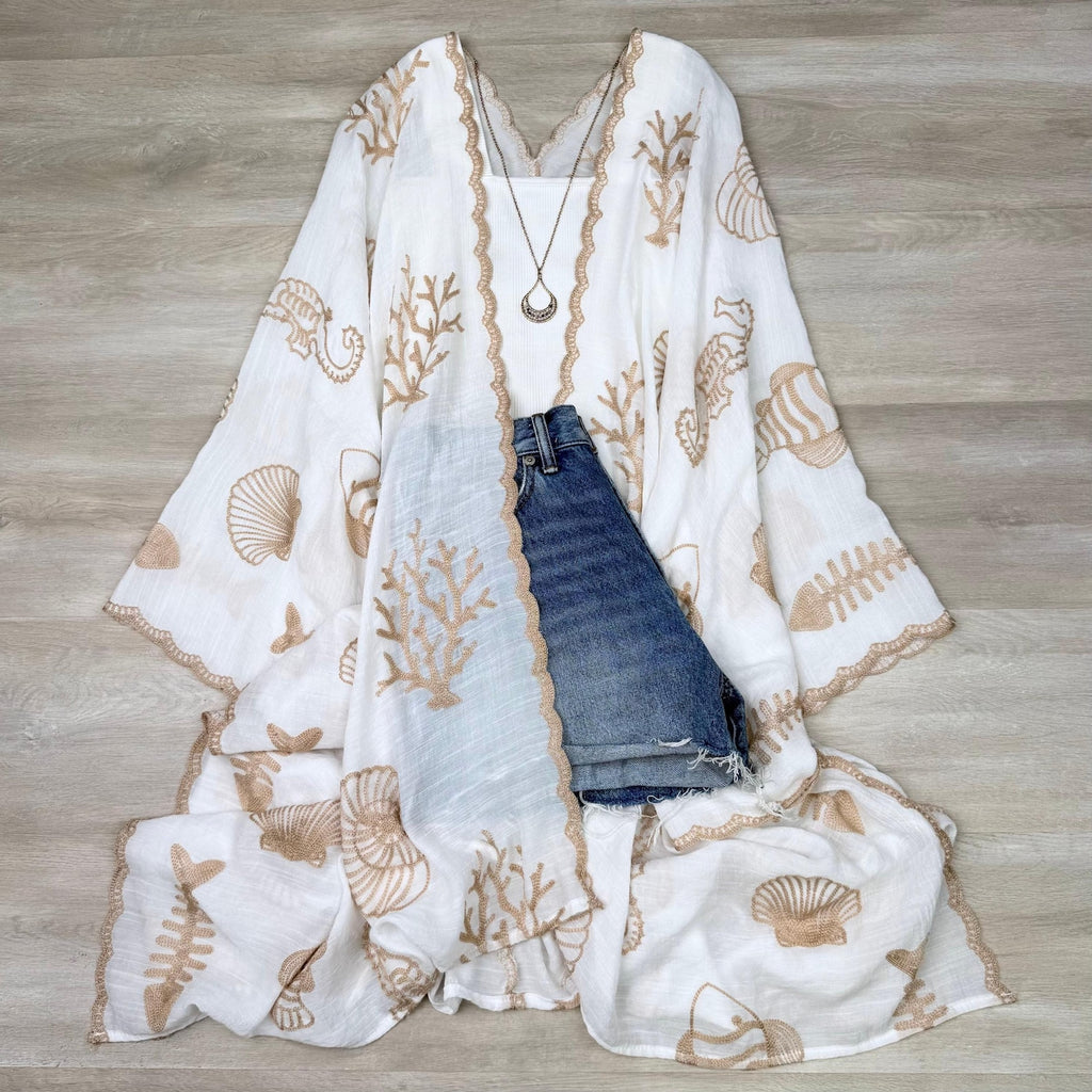 Boho Seashell Kimono Beach Cover Up – Embroidered Summer Cardigan, Resort Wear, Tropical Vacation Outfit